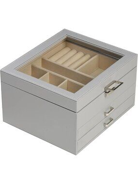 Large 3-Layer Jewelry Organizer with Clear Lid & Drawers - Rings, Earrings
